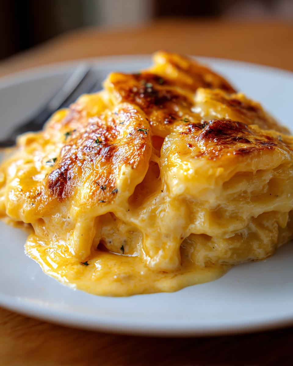 A close-up serving of Cheesy Scalloped Potatoes with Cream showing layers of tender potatoes and rich, bubbling cheese sauce.
