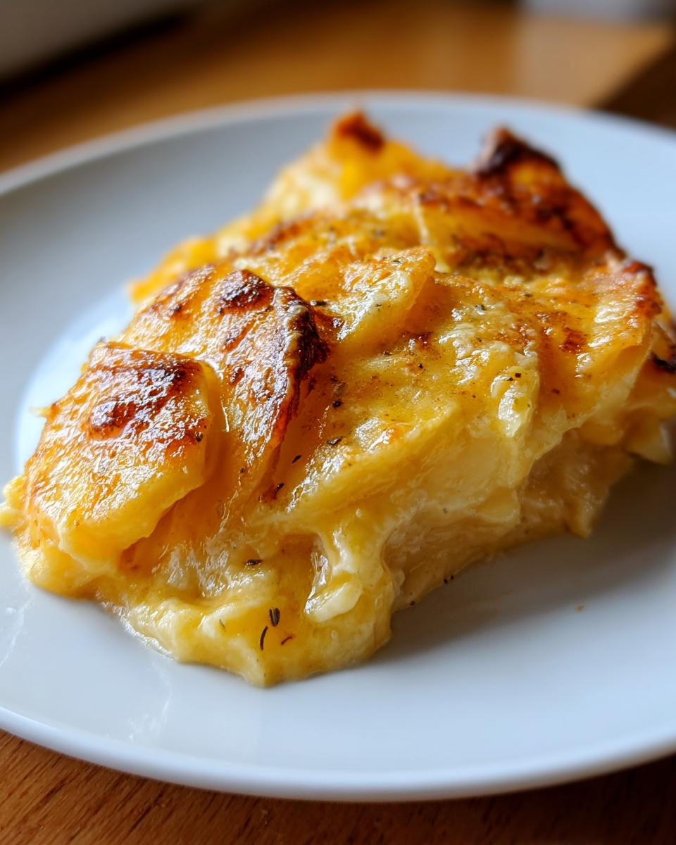 A close-up serving of Cheesy Scalloped Potatoes with Cream, showing layers of baked potatoes and a golden, bubbly cheese topping.