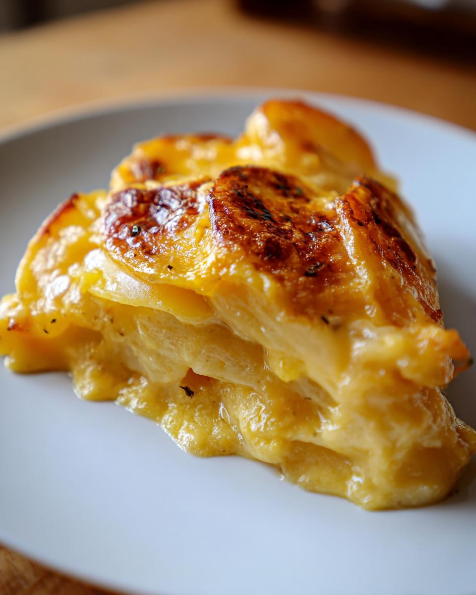 A close-up, appetizing slice of Cheesy Scalloped Potatoes with Cream showing browned cheese topping and creamy layers.