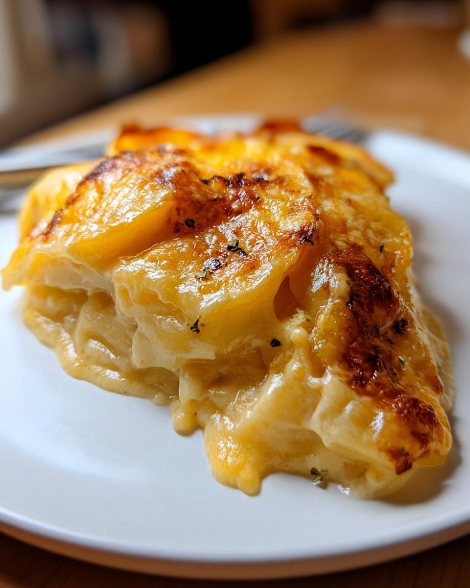 A close-up of a serving of Cheesy Scalloped Potatoes with Cream, showing layers of tender potatoes and a browned, bubbly cheese topping.