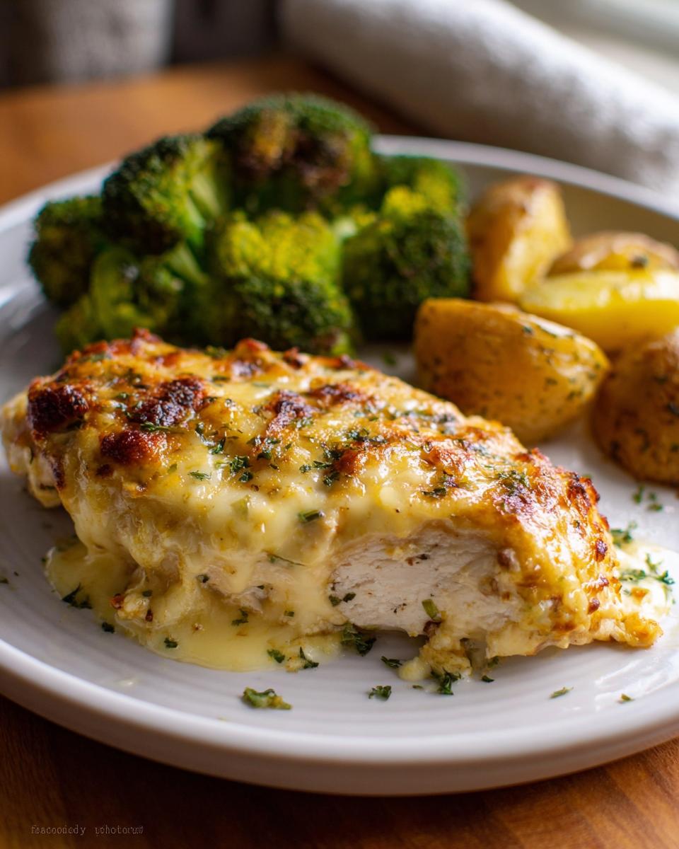 A close-up of cheesy Sheet Pan Baked Chicken and Broccoli served with roasted potatoes.