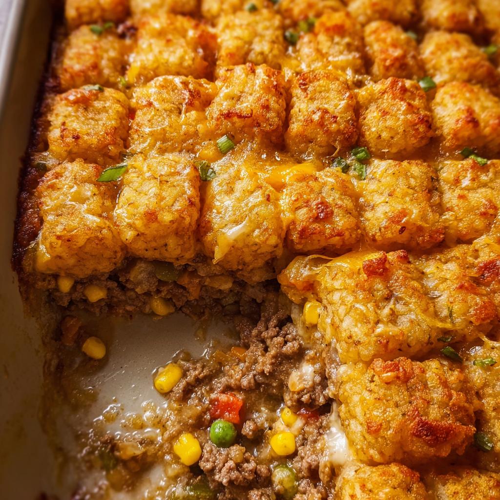 Close-up of a baked Cheesy Tater Tot Beef Casserole with a crispy, golden tater tot top layer and visible ground beef and vegetables underneath.