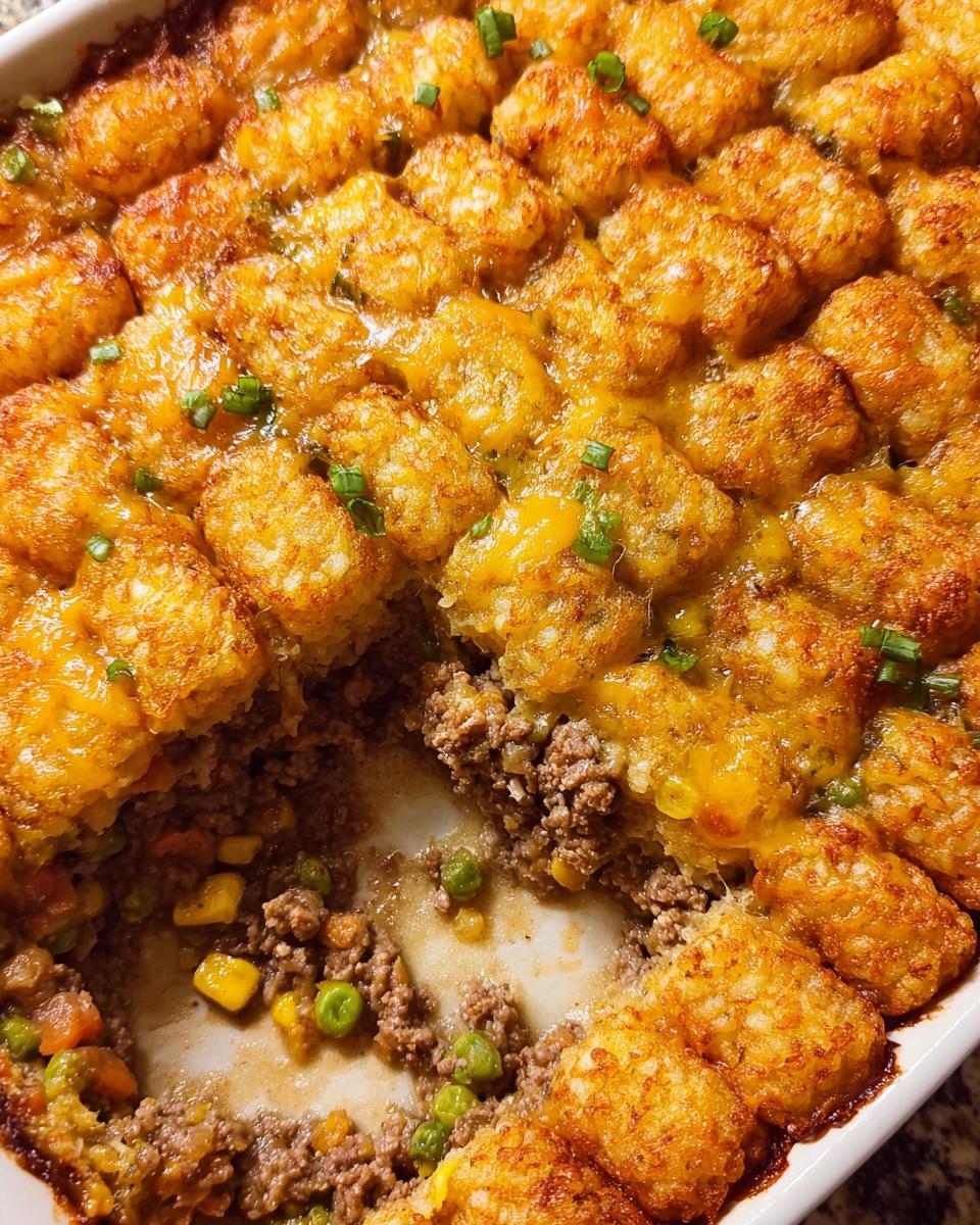 Close-up of a baked Cheesy Tater Tot Beef Casserole with a portion scooped out, revealing ground beef and mixed vegetables.