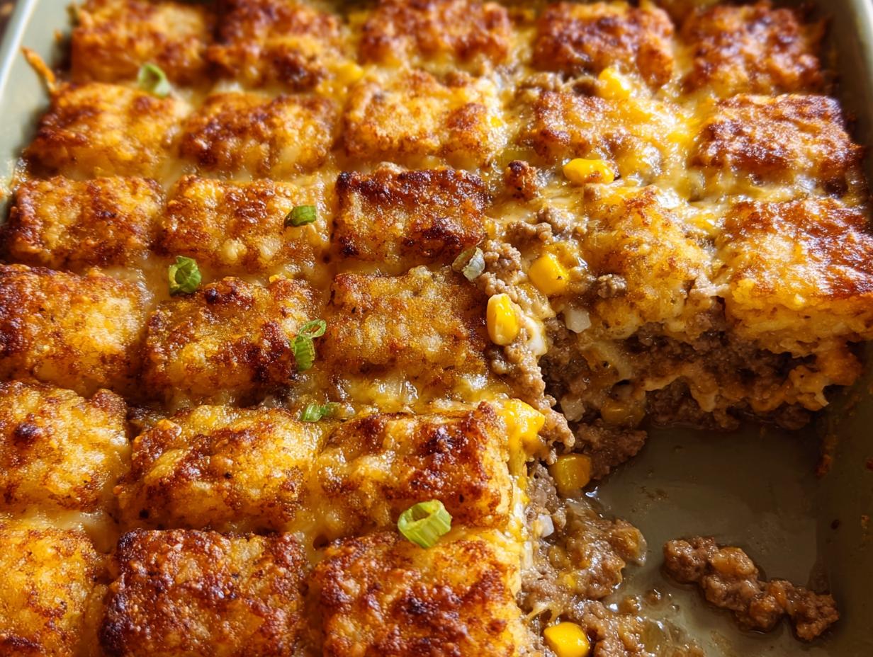 Amazing 550 Calorie Cheesy Tater Tot Beef Casserole