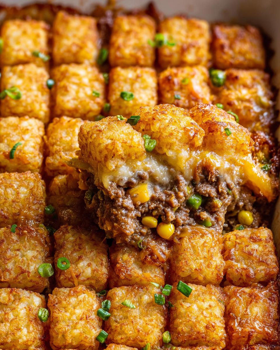 Close-up of a scoop being lifted from a Cheesy Tater Tot Beef Casserole, showing crispy tots and meaty filling.