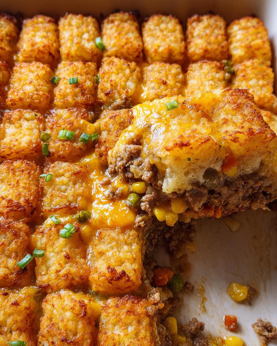 A serving spoon lifts a portion of the Cheesy Tater Tot Beef Casserole, showing crispy tots, melted cheese, and beef filling.