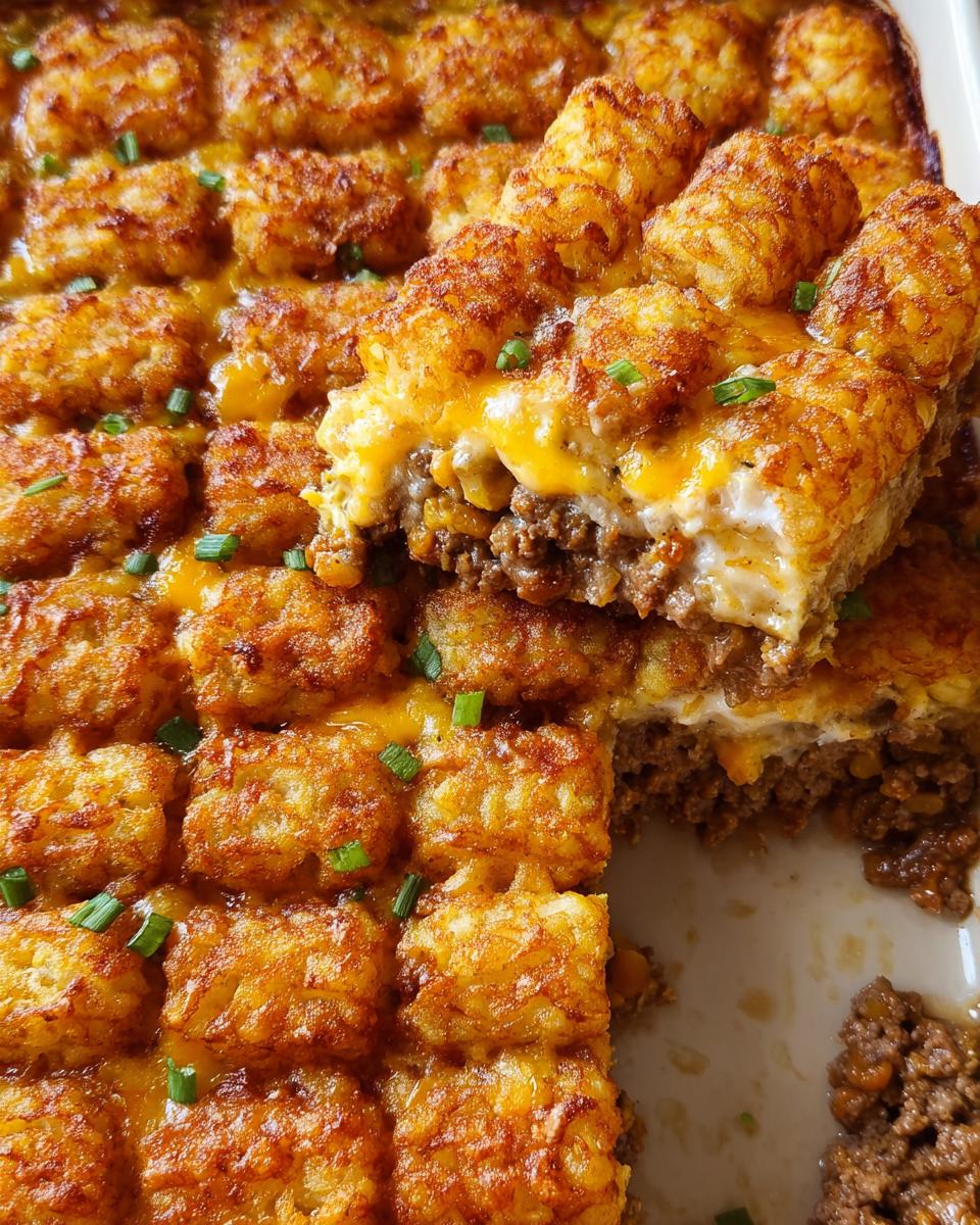 A serving being lifted from a baked Cheesy Tater Tot Beef Casserole, showing crispy tots and melted cheese over ground beef.