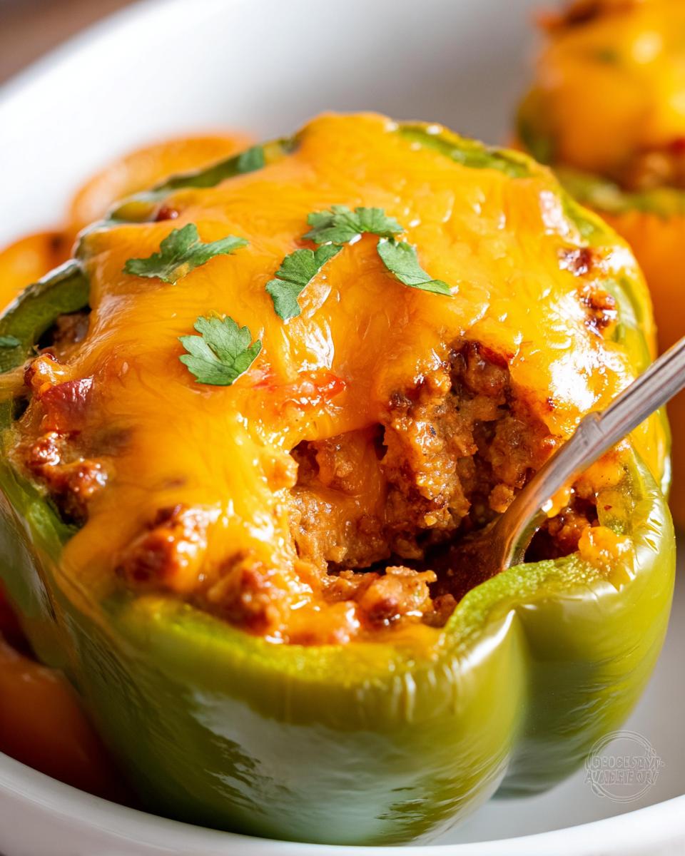Close-up of a green bell pepper filled with seasoned ground turkey mixture, topped with melted cheddar cheese and cilantro.