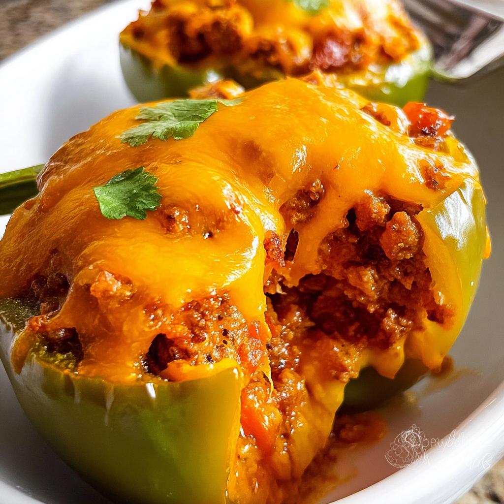 Close-up of a cooked green bell pepper stuffed with seasoned ground turkey taco filling and topped with melted cheddar cheese.