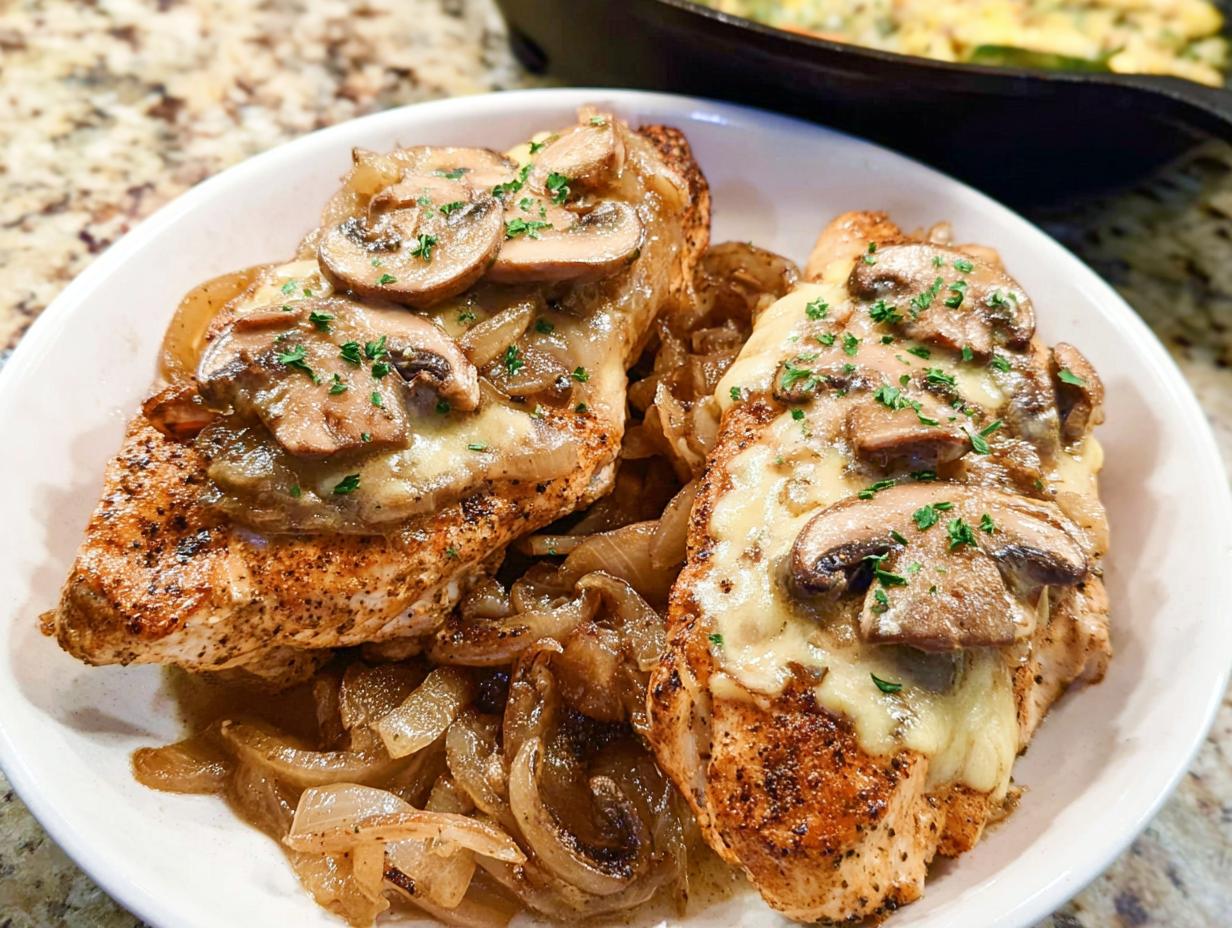 Two seasoned chicken breasts topped with melted cheese, sautéed mushrooms, and onions, inspired by Texas Roadhouse Butter Chicken Skillet.