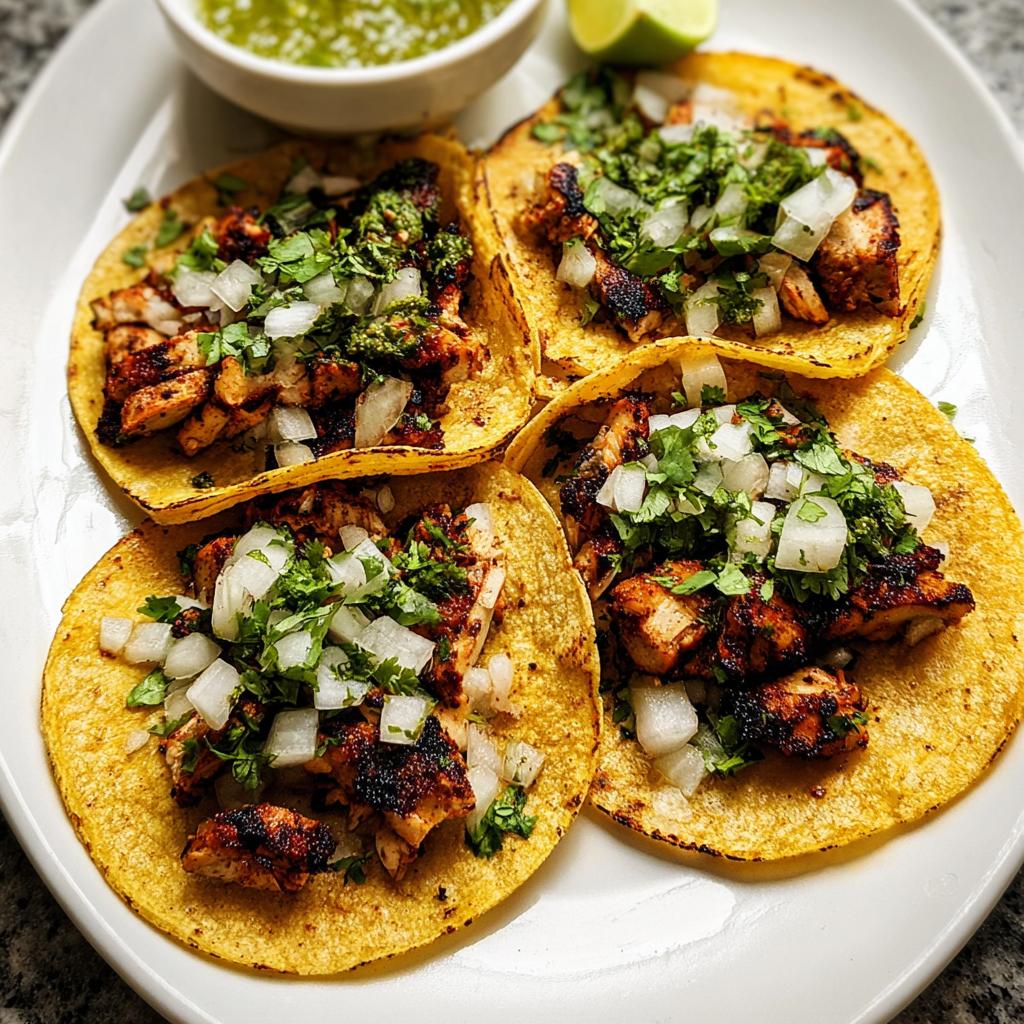 Four authentic Chicken Street Tacos Recipe servings topped with diced onion, cilantro, and salsa on corn tortillas.