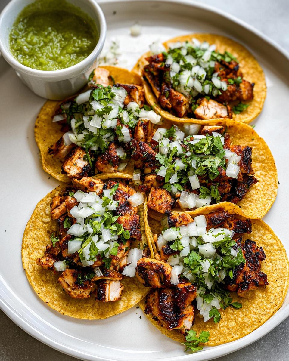 Close-up of four delicious Chicken Street Tacos topped with diced onion and cilantro, served with a side of salsa verde.