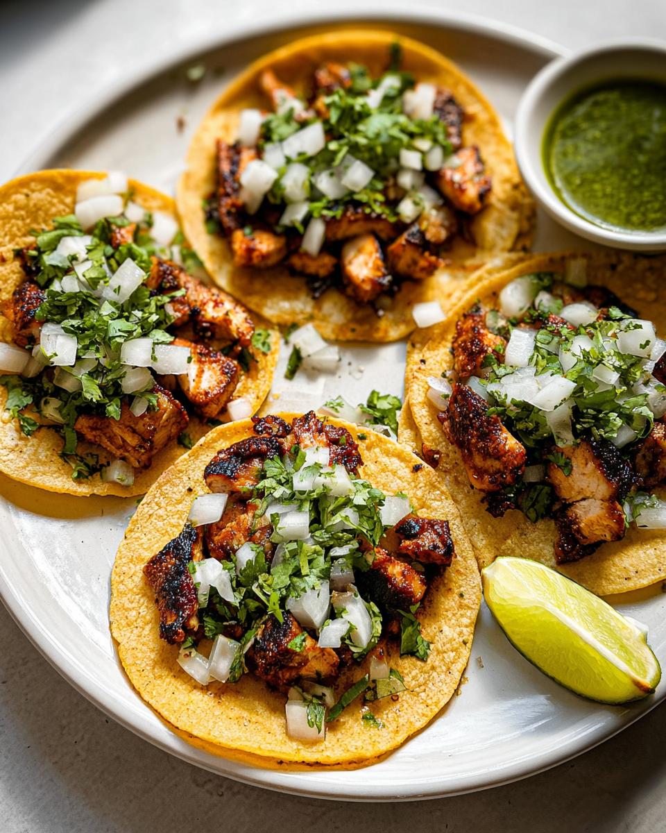 Four delicious Chicken Street Tacos topped with diced onion and cilantro, served with a side of green salsa and a lime wedge.