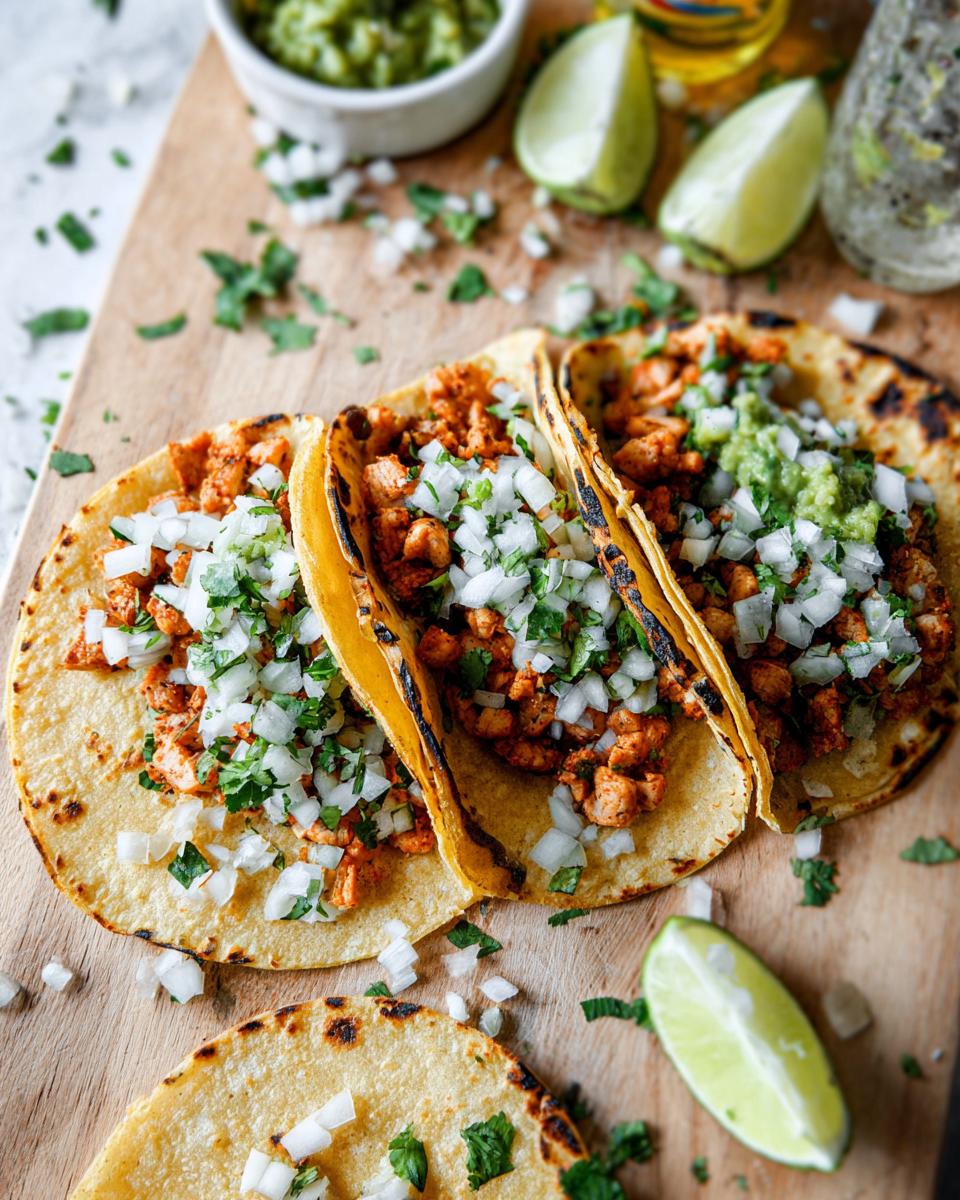 Three delicious Chicken Street Tacos topped with diced white onion, cilantro, and guacamole on a wooden board.