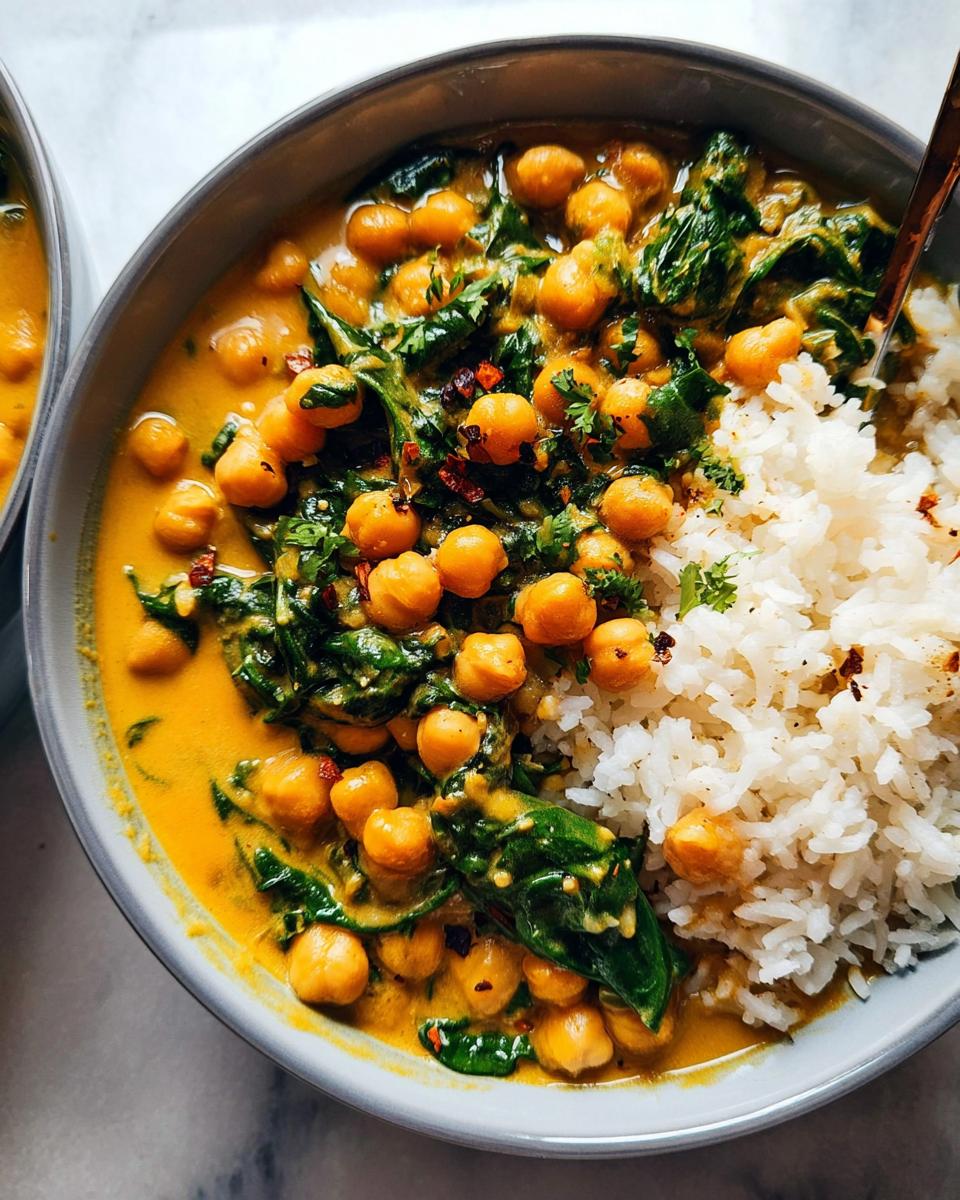 Close-up of a bowl containing Chickpea and Spinach Coconut Curry served next to white rice, garnished with herbs.