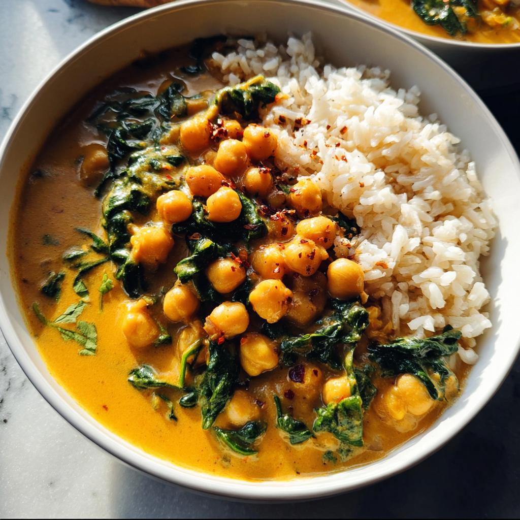A close-up bowl of vibrant Chickpea and Spinach Coconut Curry served next to fluffy white rice, topped with chili flakes.