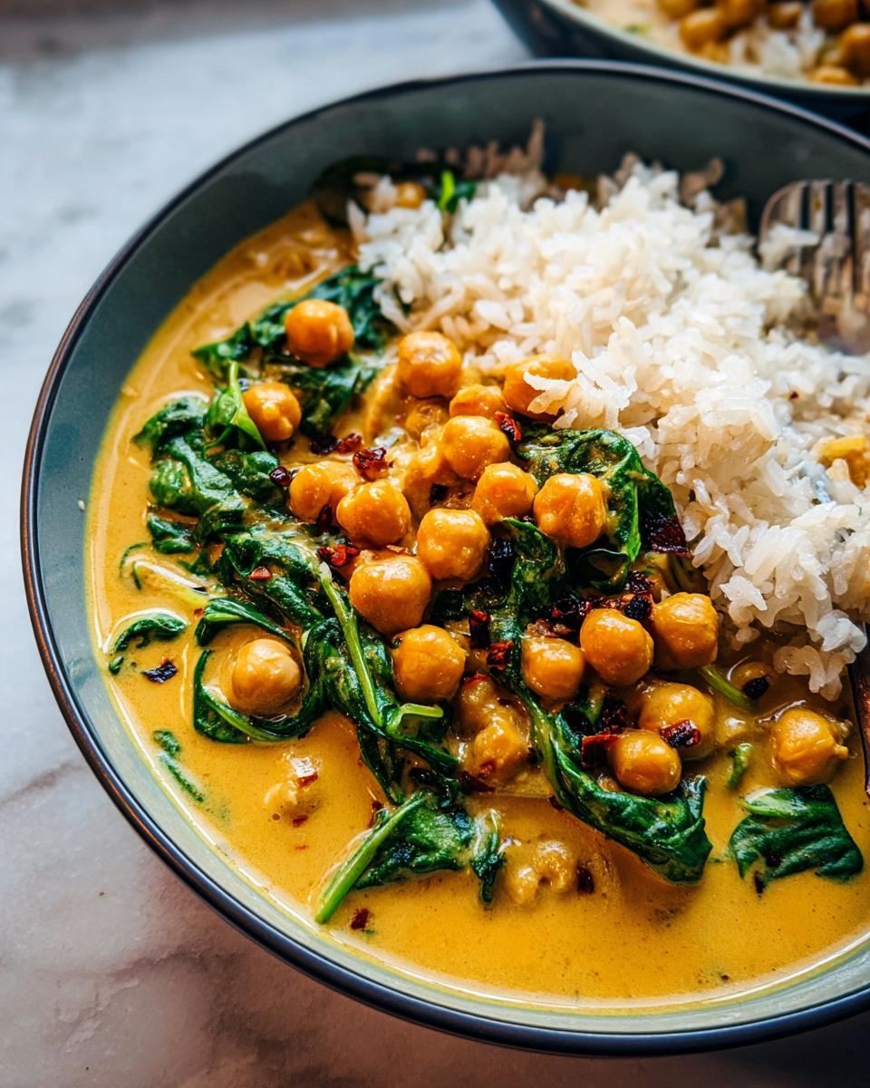 Close-up of a bowl filled with vibrant yellow Chickpea and Spinach Coconut Curry served alongside white rice.