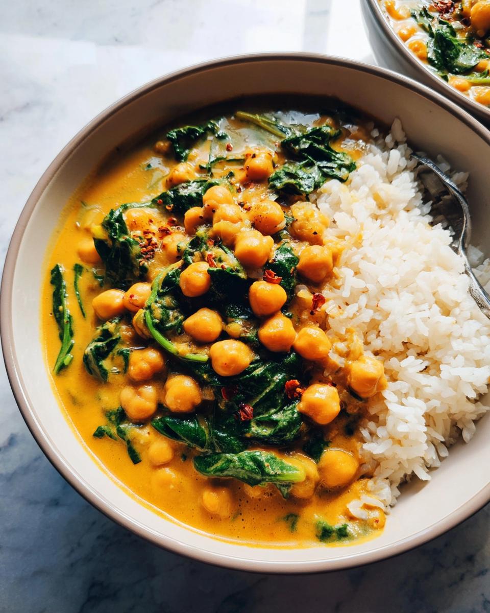A bowl featuring rich Chickpea and Spinach Coconut Curry served next to fluffy white rice, garnished with chili flakes.