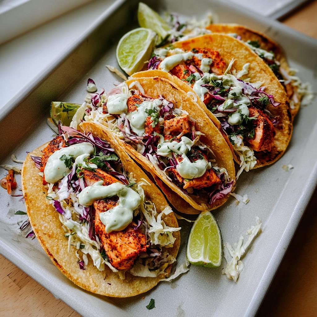 Three prepared Chili Lime Salmon Tacos filled with seasoned salmon, purple and white slaw, and topped with a creamy green sauce, served with lime wedges.