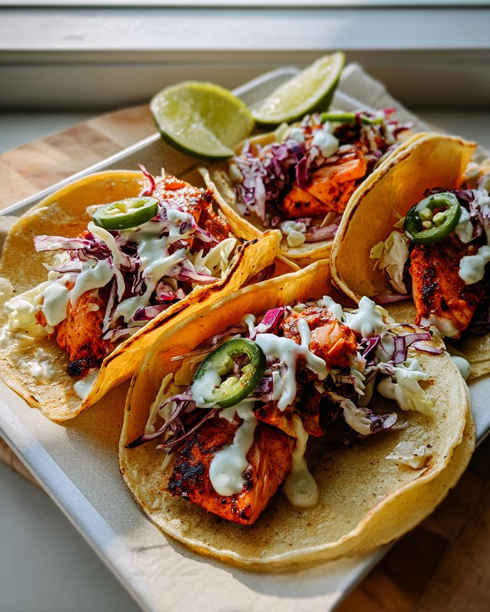 Three assembled Chili Lime Salmon Tacos topped with red cabbage slaw, creamy sauce, and jalapeño slices.