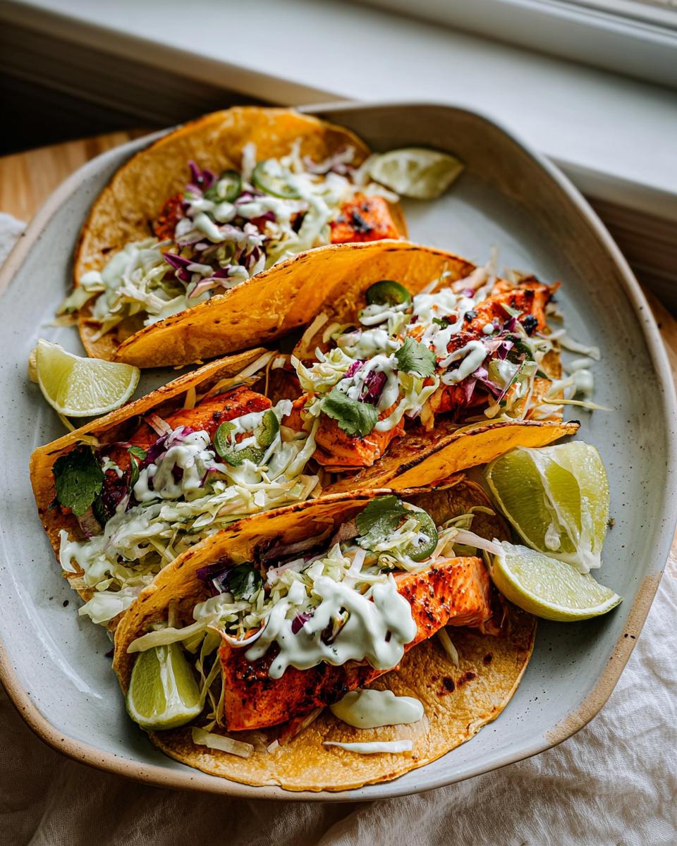 Three Chili Lime Salmon Tacos filled with seasoned salmon, slaw, and drizzled with a creamy sauce, served with lime wedges.