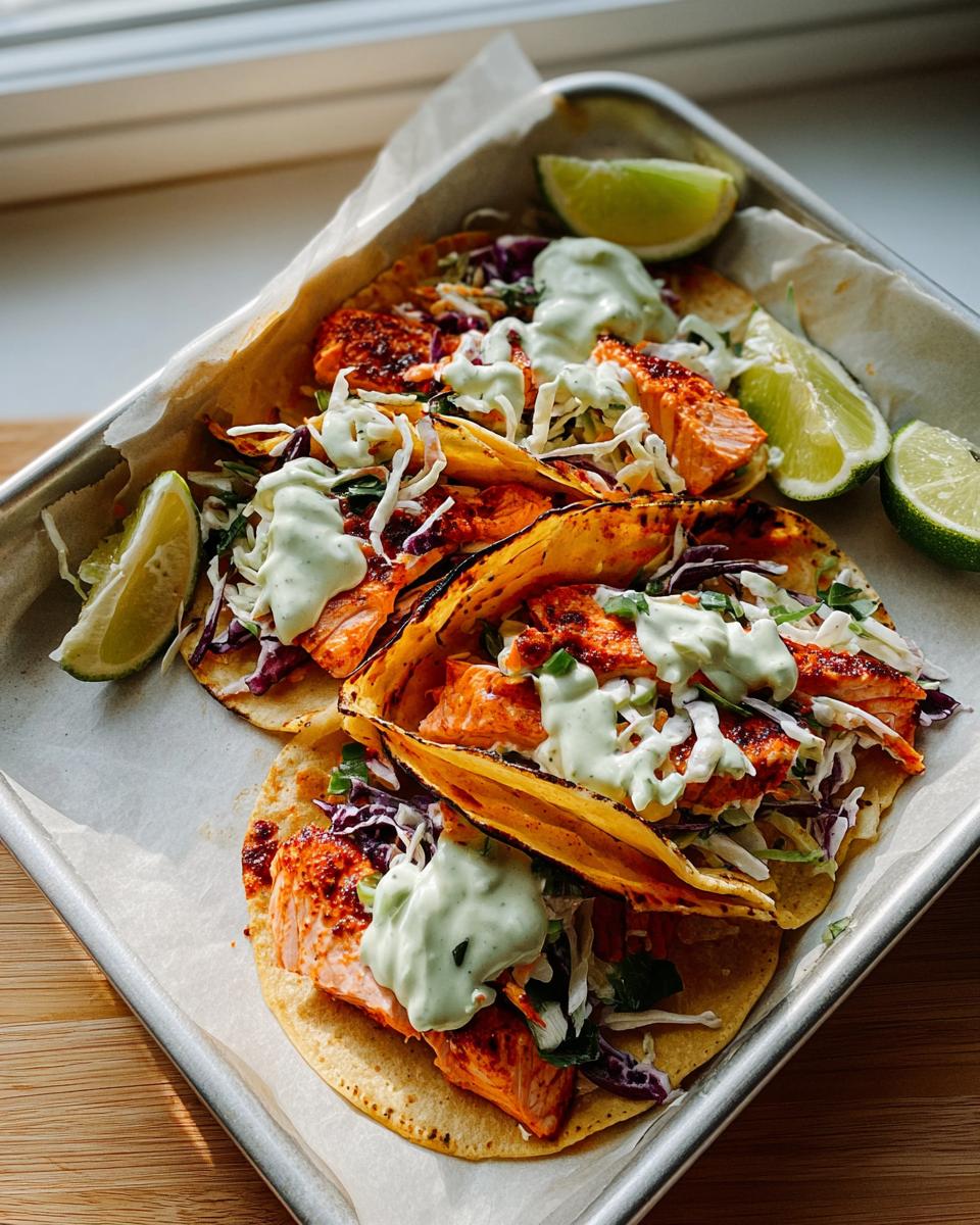Three delicious Chili Lime Salmon Tacos topped with slaw and creamy green sauce, served with lime wedges.