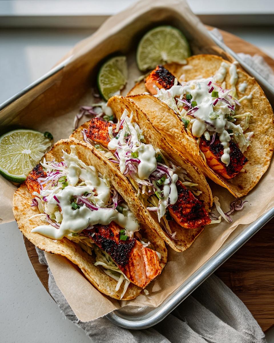 Three fully assembled Chili Lime Salmon Tacos topped with creamy slaw and sauce, served with lime wedges.