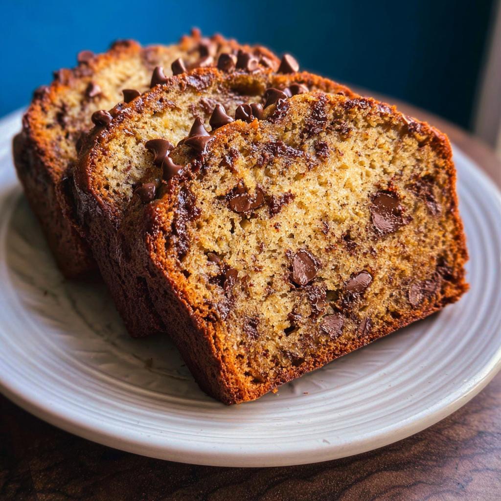 Three thick slices of moist Chocolate Chip Banana Bread Loaf, studded with melted chips, served on a white plate.