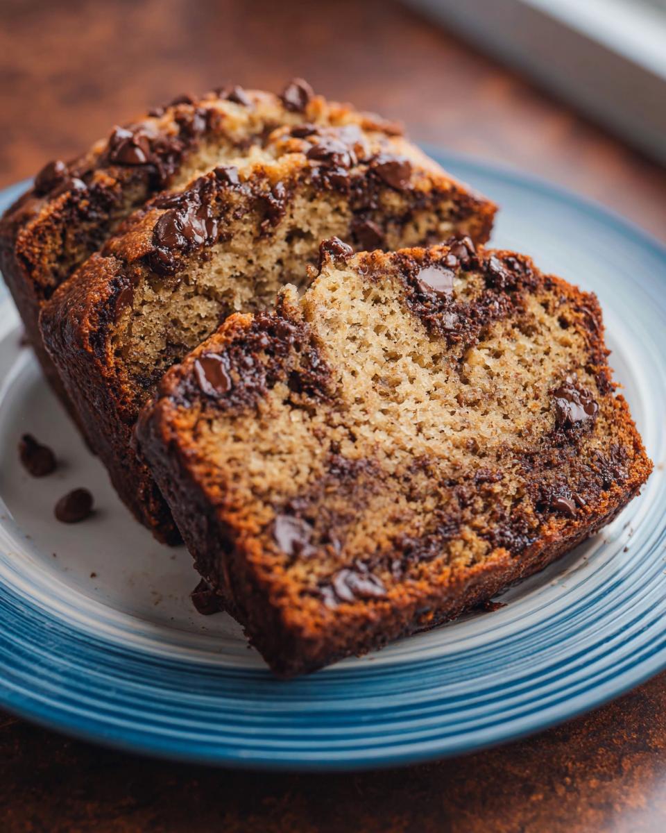 Three moist slices of Chocolate Chip Banana Bread Loaf, rich with melted chocolate chips, served on a blue and white plate.