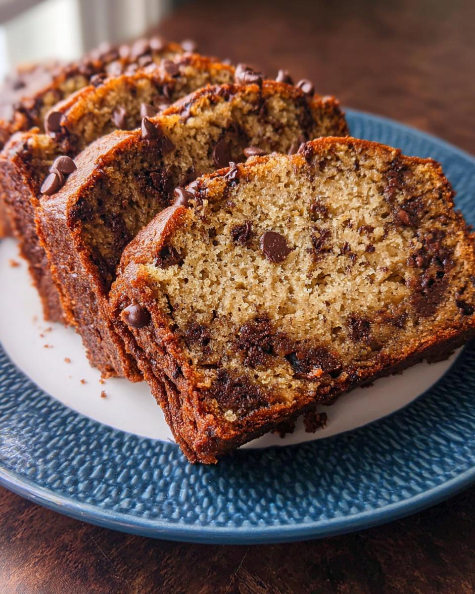 Close-up of four thick slices of moist Chocolate Chip Banana Bread Loaf stacked on a blue plate.
