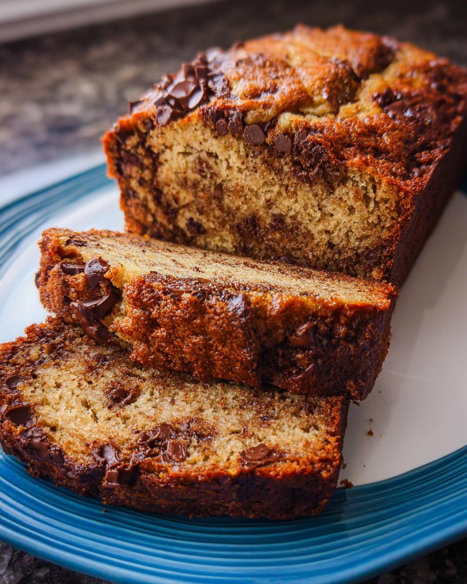 Close-up of a Chocolate Chip Banana Bread Loaf with two thick slices cut and resting against the main loaf.