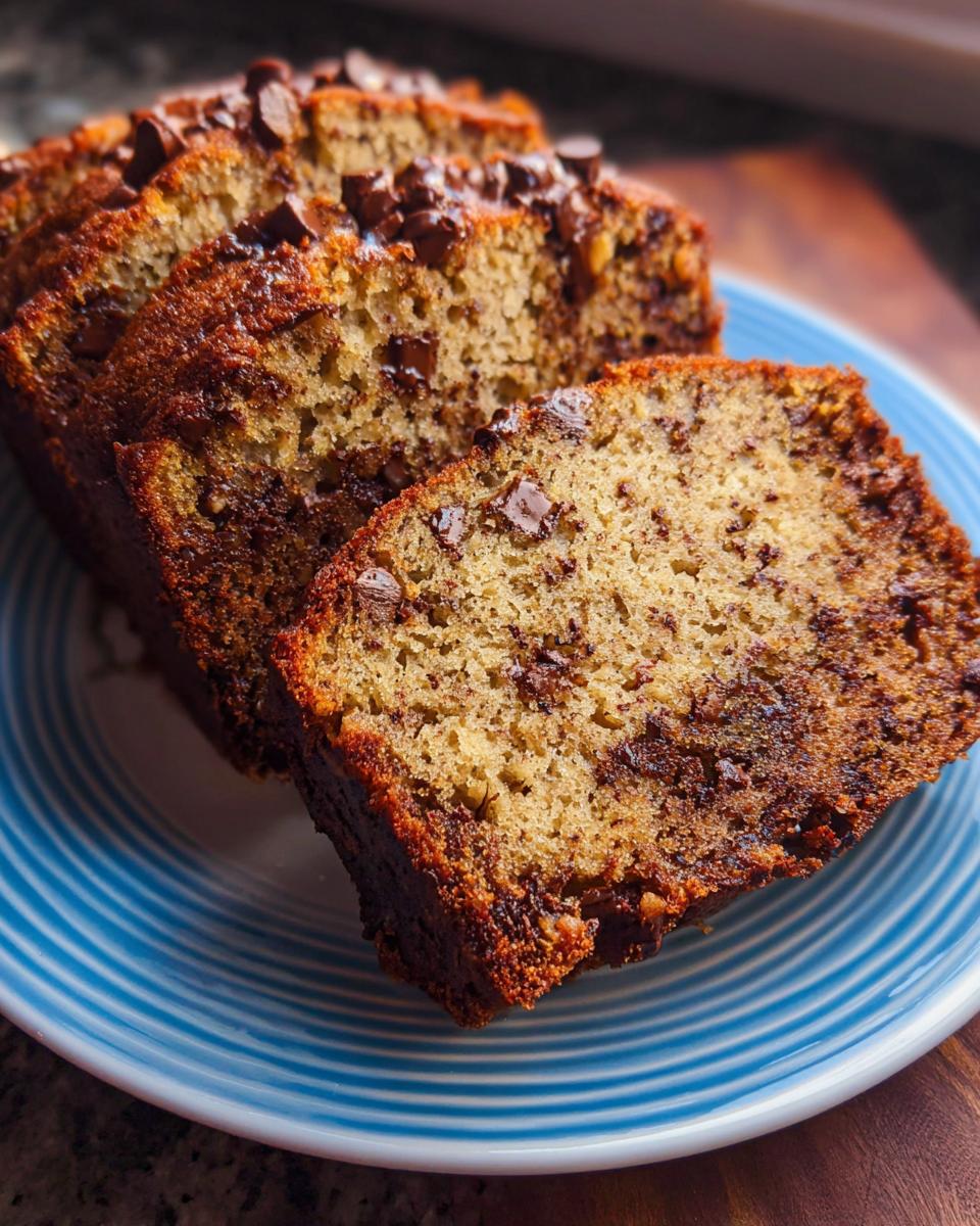 Several thick slices of moist Chocolate Chip Banana Bread Loaf topped with melted chocolate chips, served on a blue striped plate.