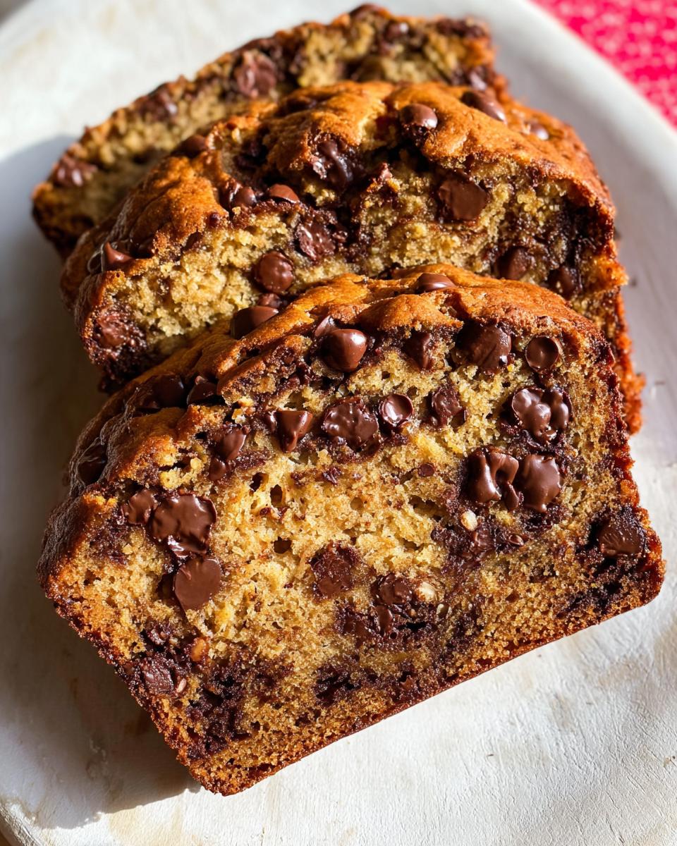 Three thick slices of moist Brown Butter Banana Bread loaded with melted chocolate chips.