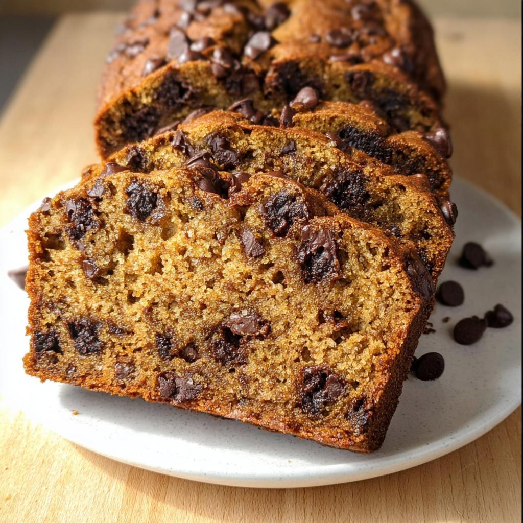 Close-up of thick slices of moist Peanut Butter Banana Bread loaded with chocolate chips.
