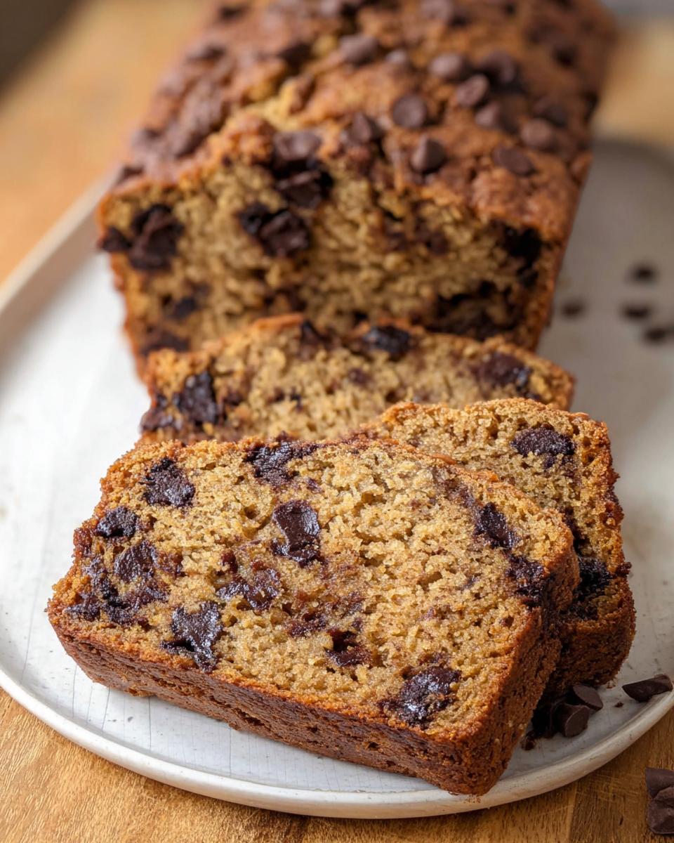 Two thick slices of moist Peanut Butter Banana Bread loaded with melted chocolate chips, served on a plate.