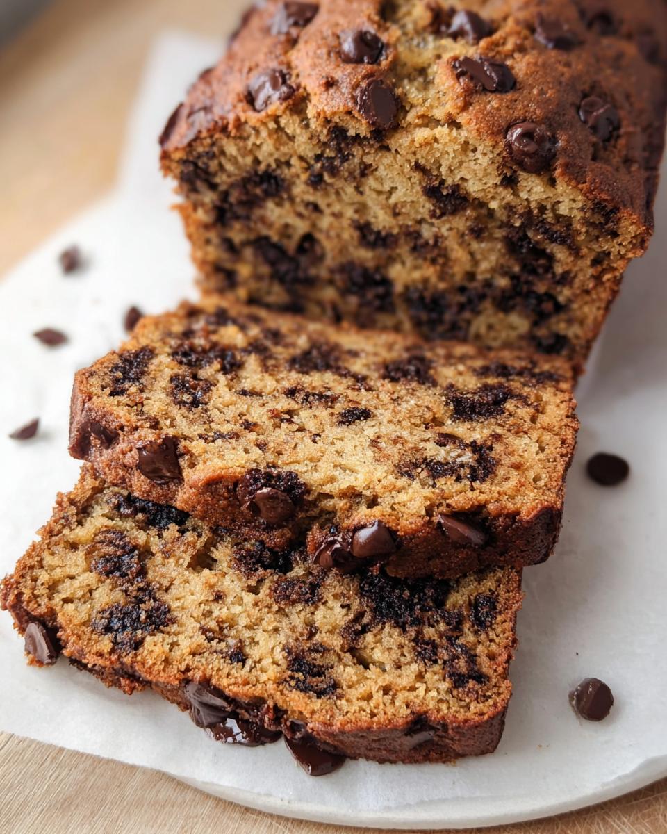 Two thick slices of rich Peanut Butter Banana Bread loaded with melted chocolate chips.