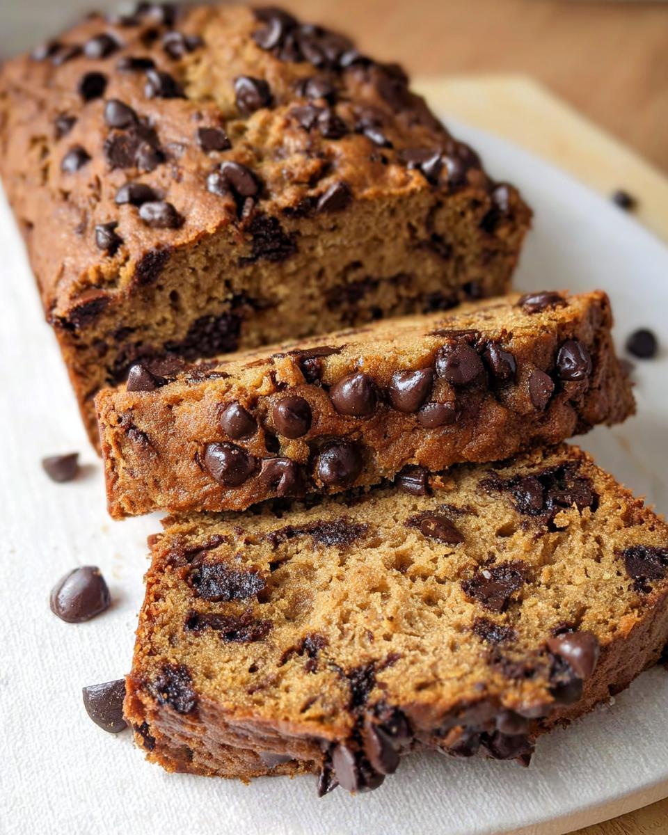 Close-up of moist Peanut Butter Banana Bread loaded with melted chocolate chips, with two slices cut.