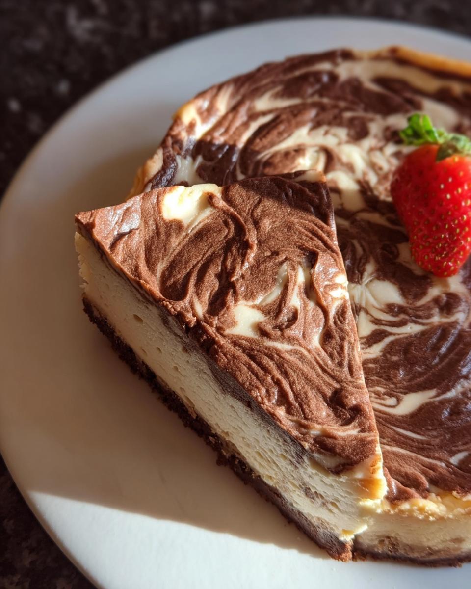 A slice of rich Chocolate Marble Cheesecake sits next to the whole cake, garnished with a fresh strawberry.