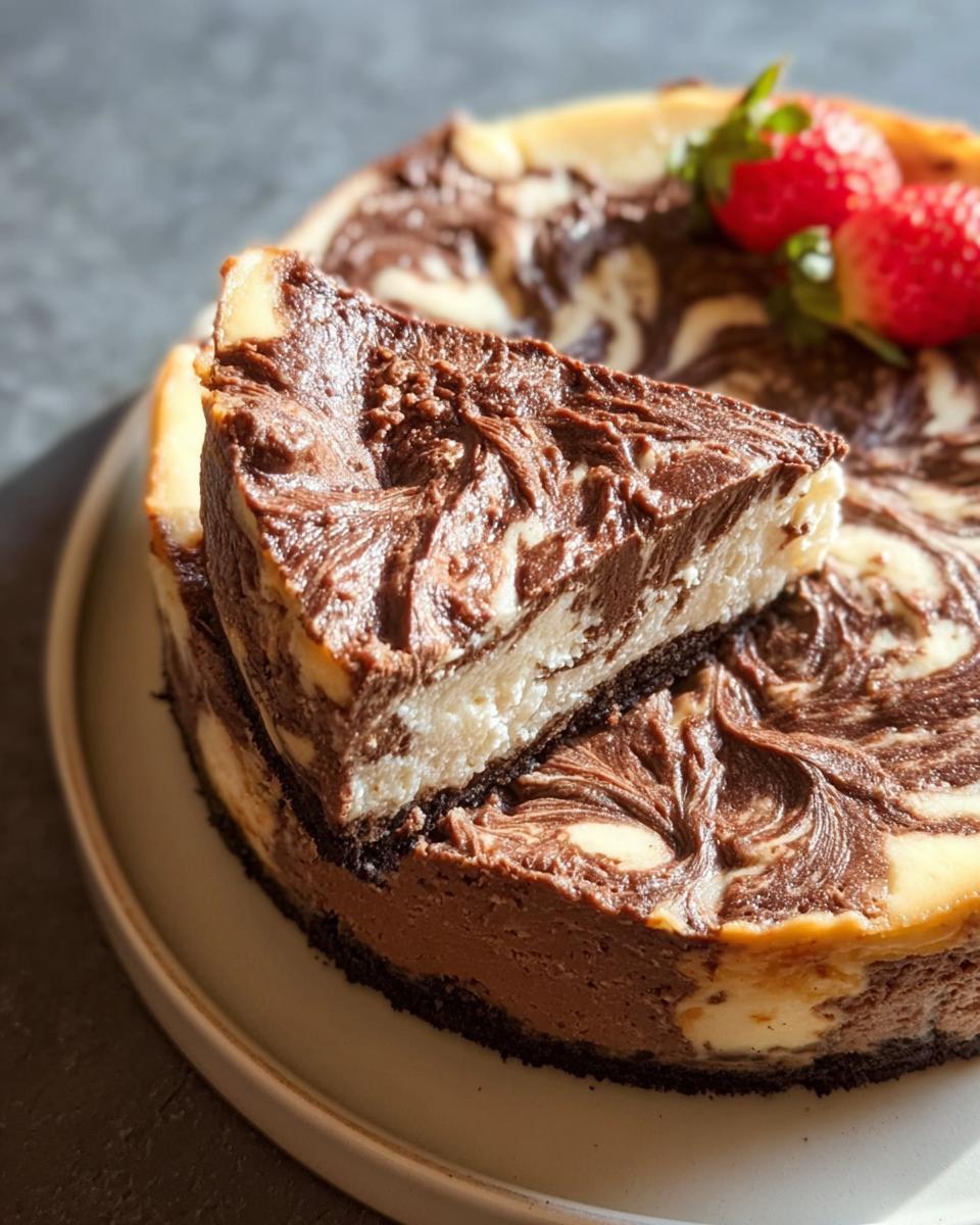A decadent slice of Chocolate Marble Cheesecake resting on top of the whole cake, garnished with fresh strawberries.