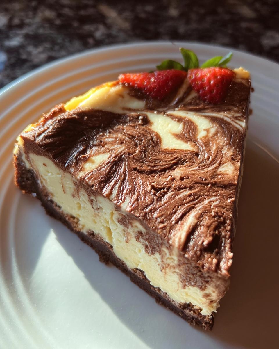 A close-up slice of Chocolate Marble Cheesecake with a swirled top, garnished with strawberries.