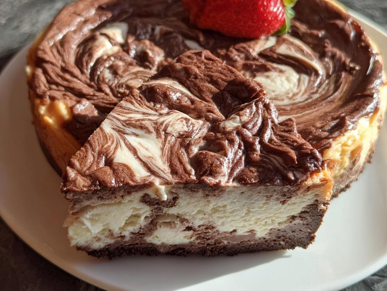 A slice of rich Chocolate Marble Cheesecake with a beautiful swirl pattern, topped with a fresh strawberry.