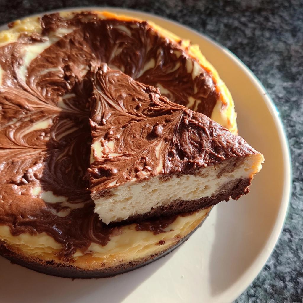A slice of rich Chocolate Marble Cheesecake with a beautiful dark chocolate swirl topping, resting on the main cake.