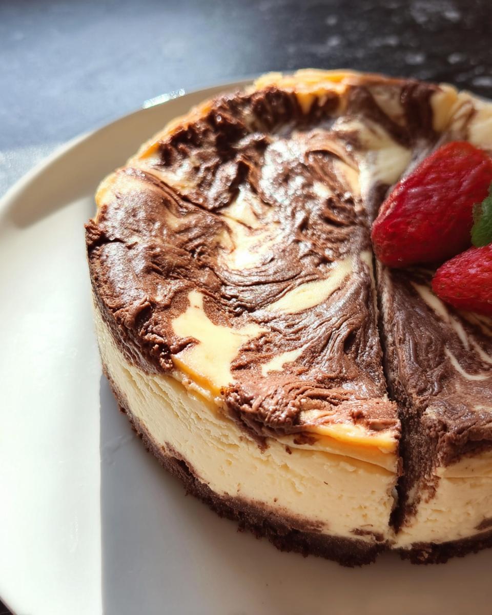 A close-up of a freshly baked Chocolate Marble Cheesecake with a beautiful swirl pattern, garnished with strawberries.