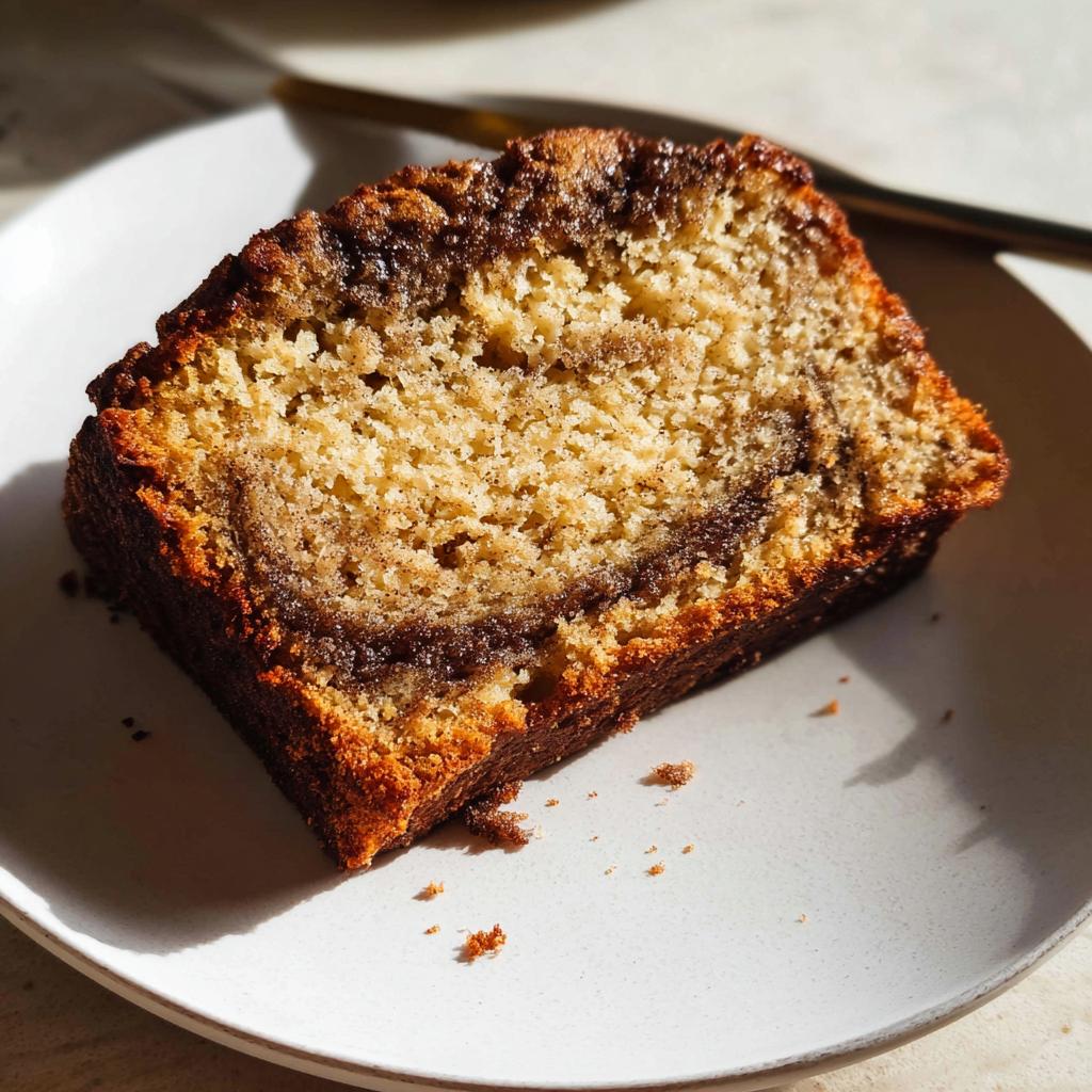 Close-up of a moist slice of Cinnamon Swirl Banana Bread showing the distinct dark cinnamon swirl pattern inside.