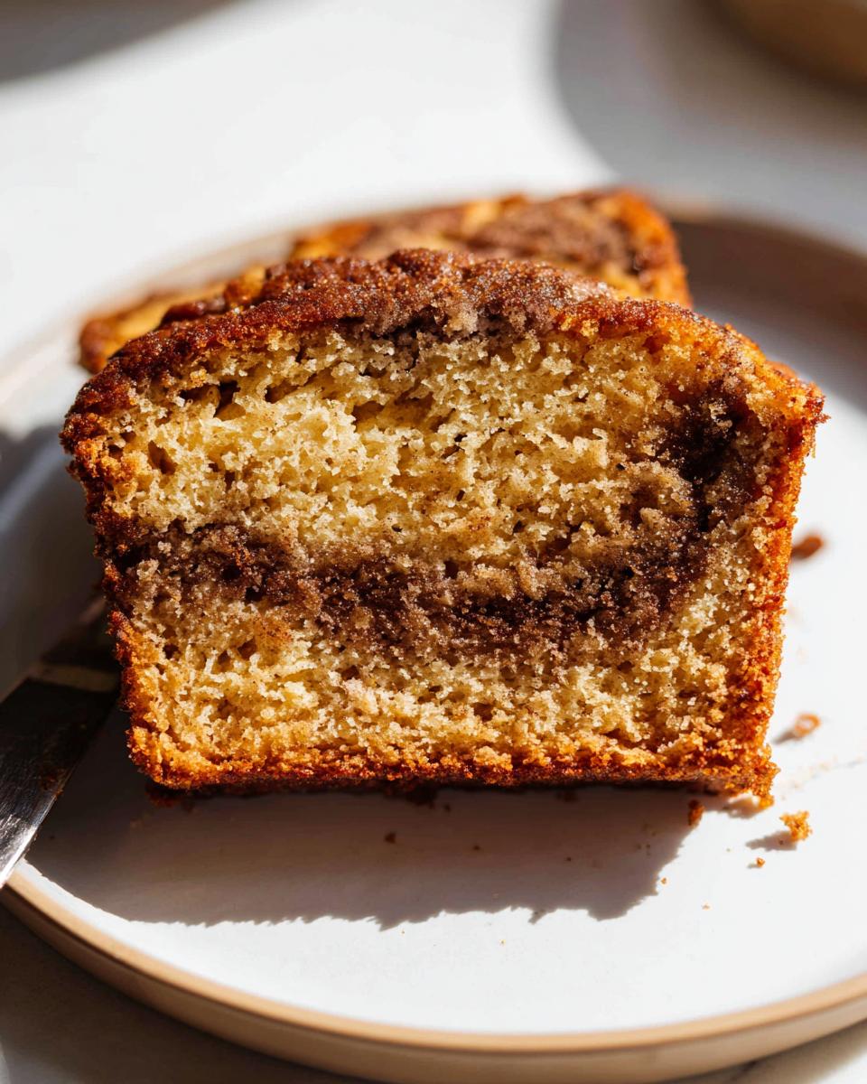 Close-up of a moist slice of Cinnamon Swirl Banana Bread showing the distinct dark cinnamon swirl layer.