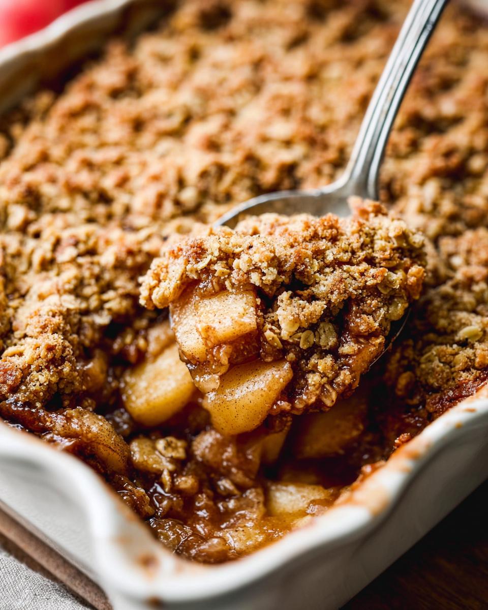 A spoonful of warm Classic Apple Crisp with Oat Crumble being lifted from a white baking dish.