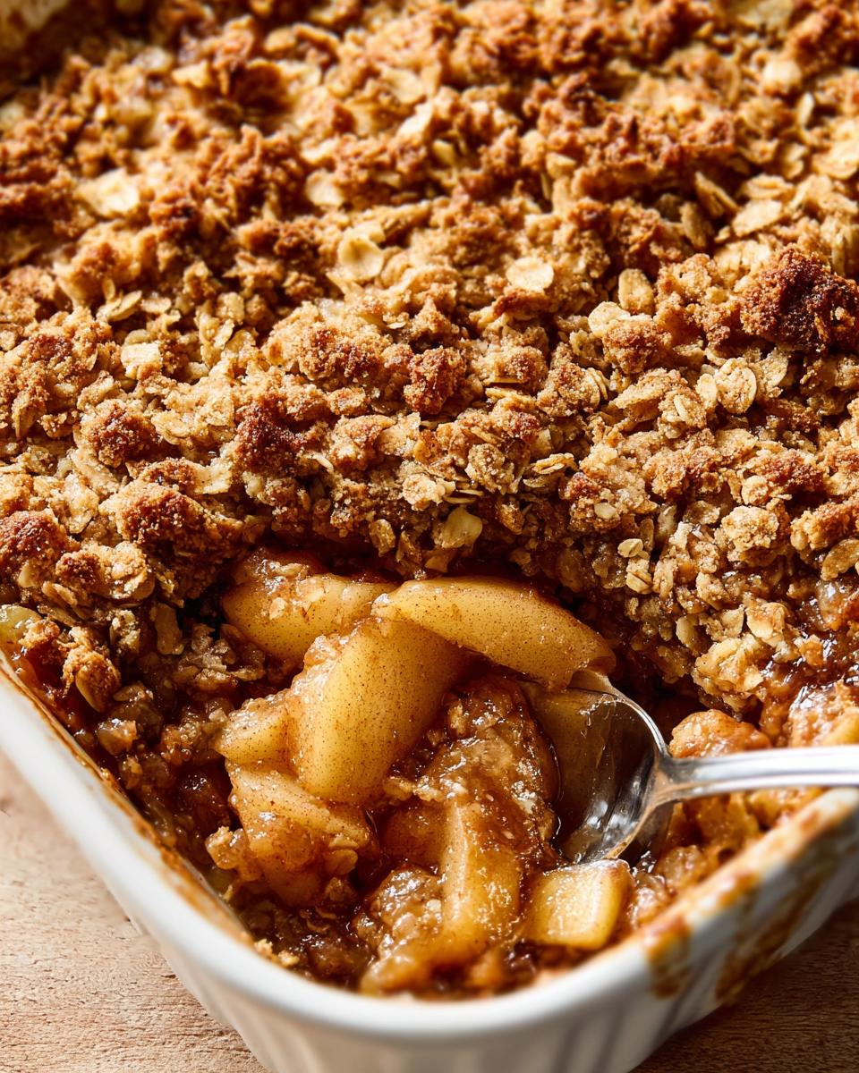 Close-up of a spoon scooping tender baked apples from a Classic Apple Crisp with Oat Crumble.