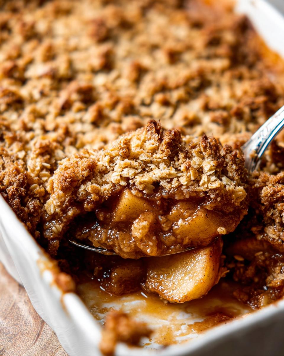 A spoonful of warm Classic Apple Crisp with Oat Crumble showing soft apples and crunchy topping.