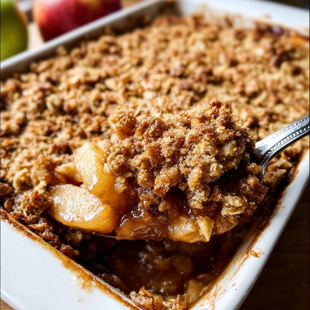 A spoonful of warm Classic Apple Crisp with Oat Crumble being lifted from a white baking dish.