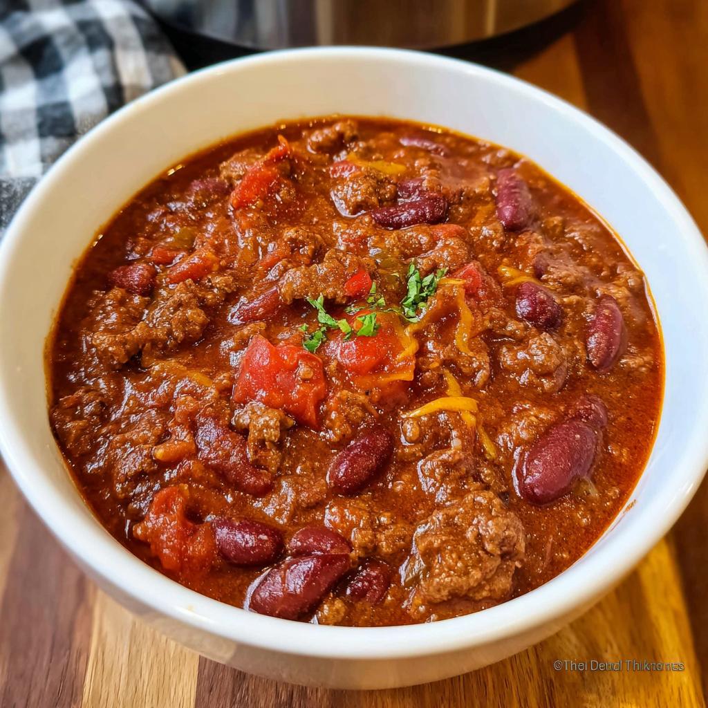 Close-up of a bowl filled with rich Classic Beef and Bean Chili, featuring ground beef, kidney beans, and tomatoes.
